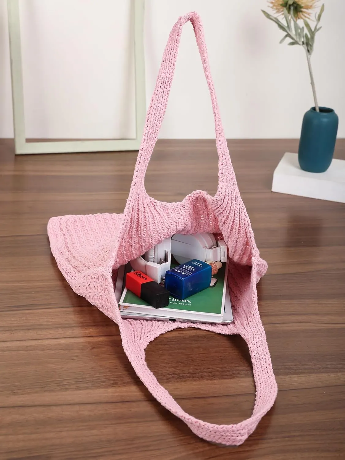 ENBEI Handmade Crochet Shoulder Bag for Women, Foldable and Lightweight Polyester Tote, Stylish & Practical Travel Purse