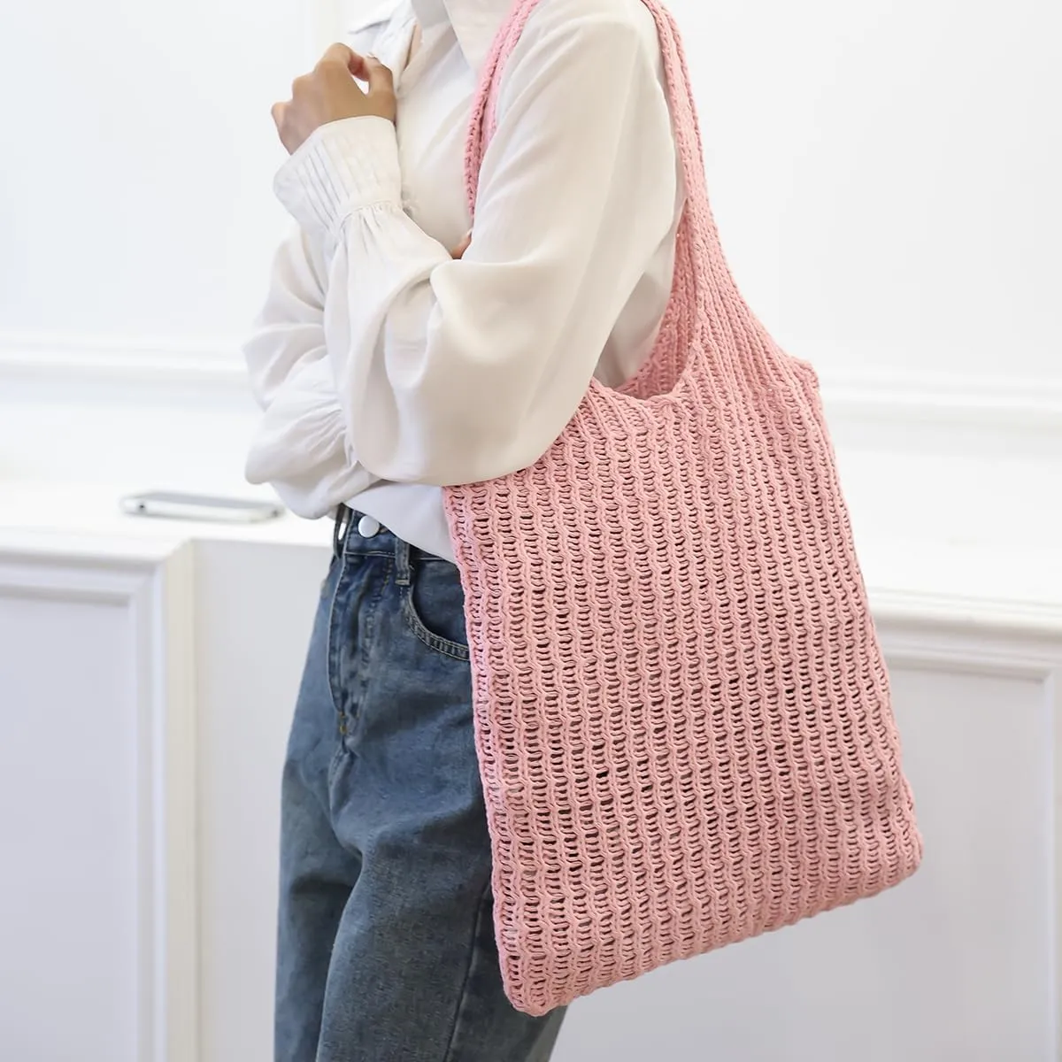 ENBEI Handmade Crochet Shoulder Bag for Women, Foldable and Lightweight Polyester Tote, Stylish & Practical Travel Purse