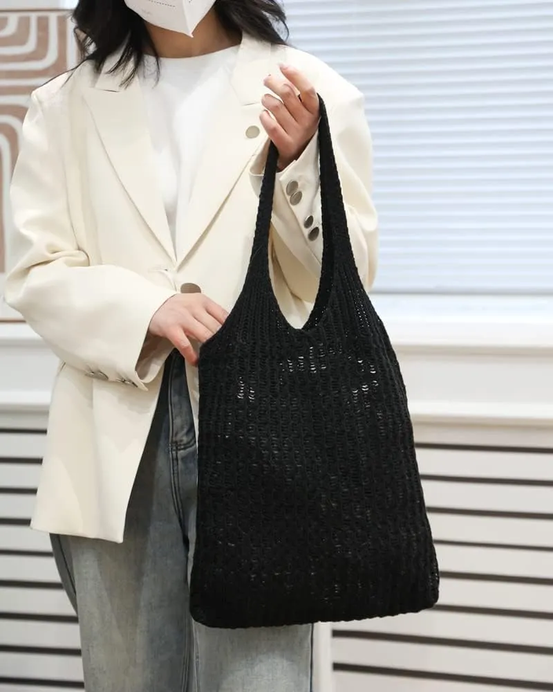 ENBEI Handmade Crochet Shoulder Bag for Women, Foldable and Lightweight Polyester Tote, Stylish & Practical Travel Purse