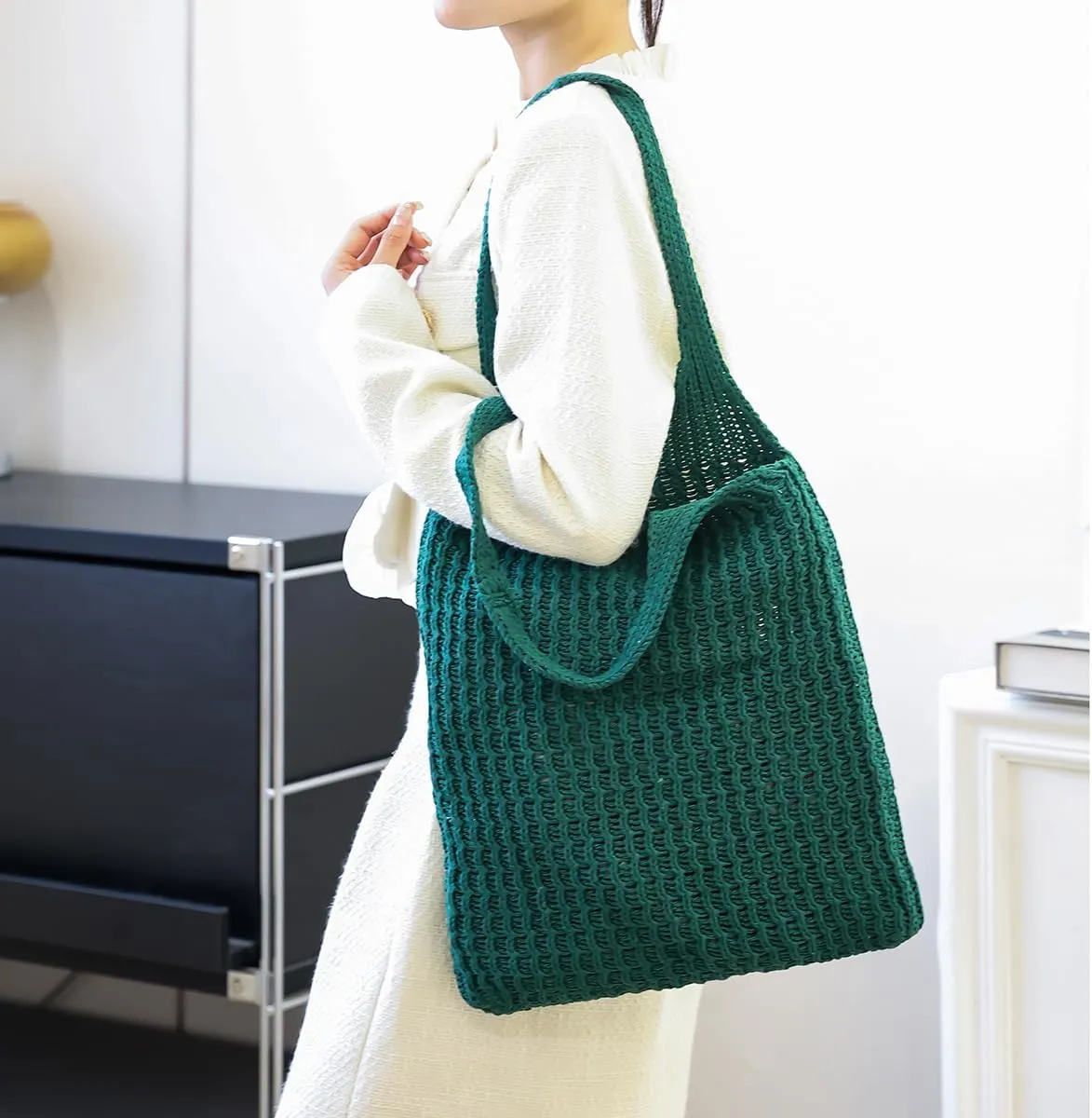 ENBEI Handmade Crochet Shoulder Bag for Women, Foldable and Lightweight Polyester Tote, Stylish & Practical Travel Purse