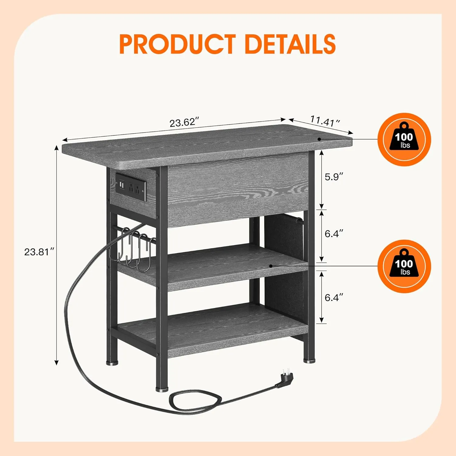 End Table with Charging Station, Flip Top Nightstand with USB Ports and Outlets,Couch Side Table with Fabric Bag and Hooks, Bedside Table for Space Saving, Living Room, Bedroom (Grey)