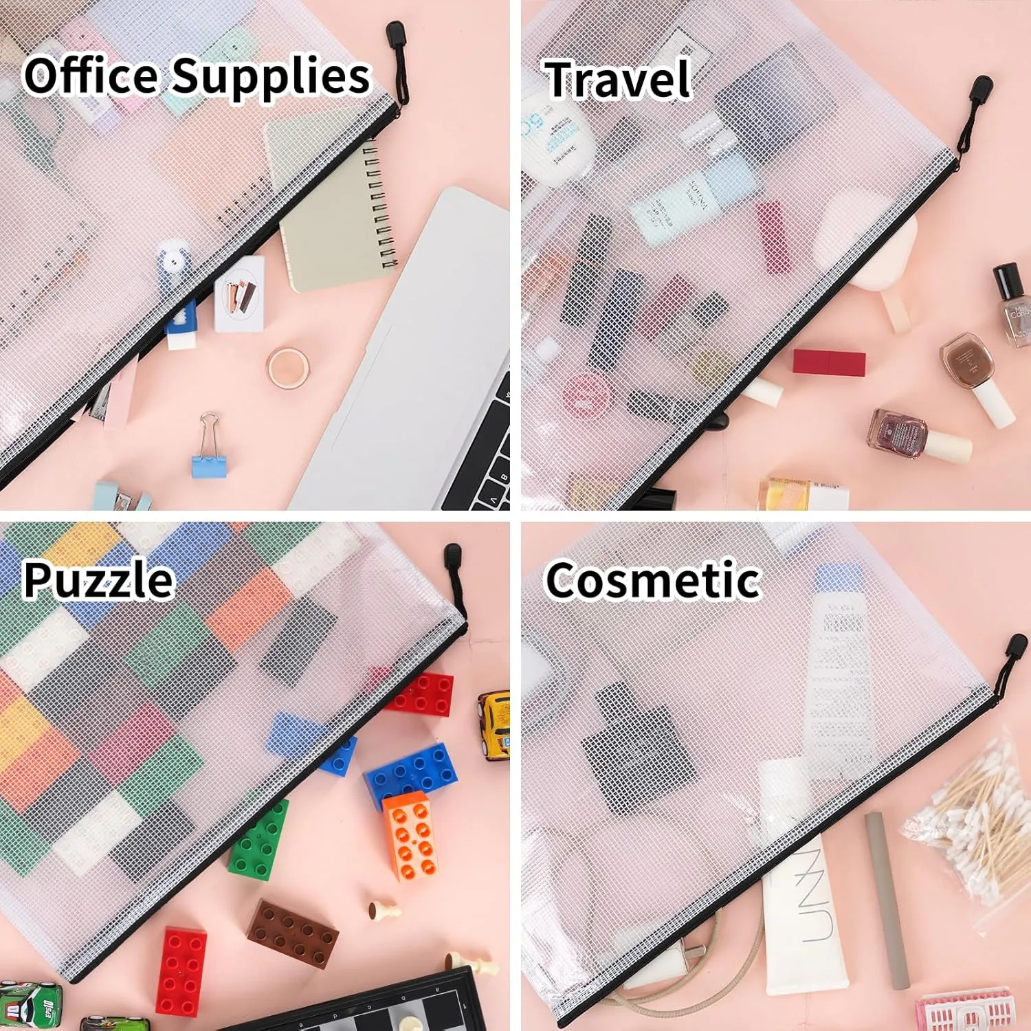 EOOUT 24pcs A3 Mesh Zipper Pouch Bags, Black Reusable Zipper Bags for Organizing Storage, Waterproof Puzzle Bag, Zipper Bags for Board Game Storage and School Office Supplies