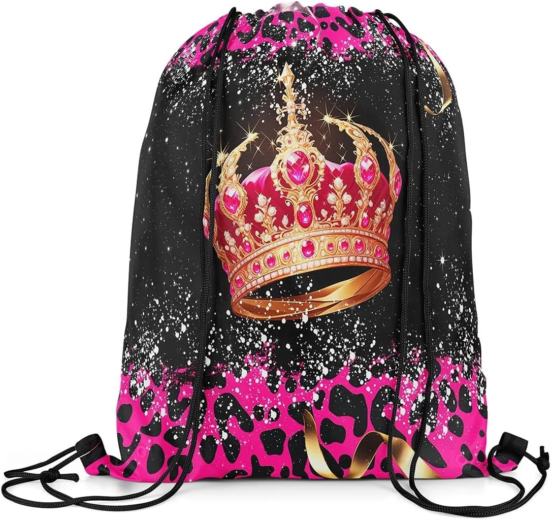 Erosebridal Gold Crown Drawstring Backpack 13x15.7 for Sport Gym Swim Yoga Camping Trip,Pink Diamond Drawstring Bags,Royal Crown Leopard Print Draw String Back Bag,Diadem Princess String Backpack