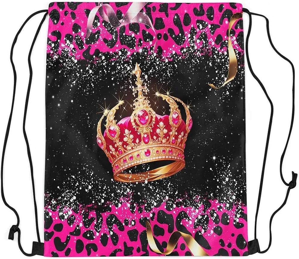 Erosebridal Gold Crown Drawstring Backpack 13x15.7 for Sport Gym Swim Yoga Camping Trip,Pink Diamond Drawstring Bags,Royal Crown Leopard Print Draw String Back Bag,Diadem Princess String Backpack