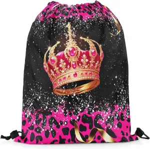 Erosebridal Gold Crown Drawstring Backpack 13x15.7 for Sport Gym Swim Yoga Camping Trip,Pink Diamond Drawstring Bags,Royal Crown Leopard Print Draw String Back Bag,Diadem Princess String Backpack