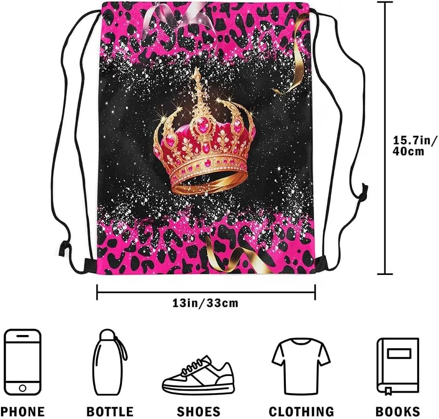 Erosebridal Gold Crown Drawstring Backpack 13x15.7 for Sport Gym Swim Yoga Camping Trip,Pink Diamond Drawstring Bags,Royal Crown Leopard Print Draw String Back Bag,Diadem Princess String Backpack
