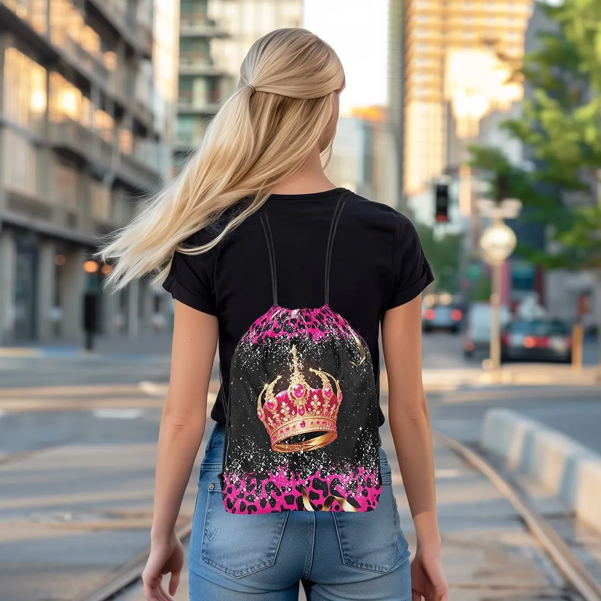 Erosebridal Gold Crown Drawstring Backpack 13x15.7 for Sport Gym Swim Yoga Camping Trip,Pink Diamond Drawstring Bags,Royal Crown Leopard Print Draw String Back Bag,Diadem Princess String Backpack