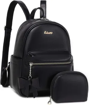 Eslcorri Mini Backpack Purse for Women - Girls Bowknot Fashion Backpack Small Leather Cute Travel Daypacks with Wallet 2-PCS Casual Ladies Convertible Shoulder Handbag - Black