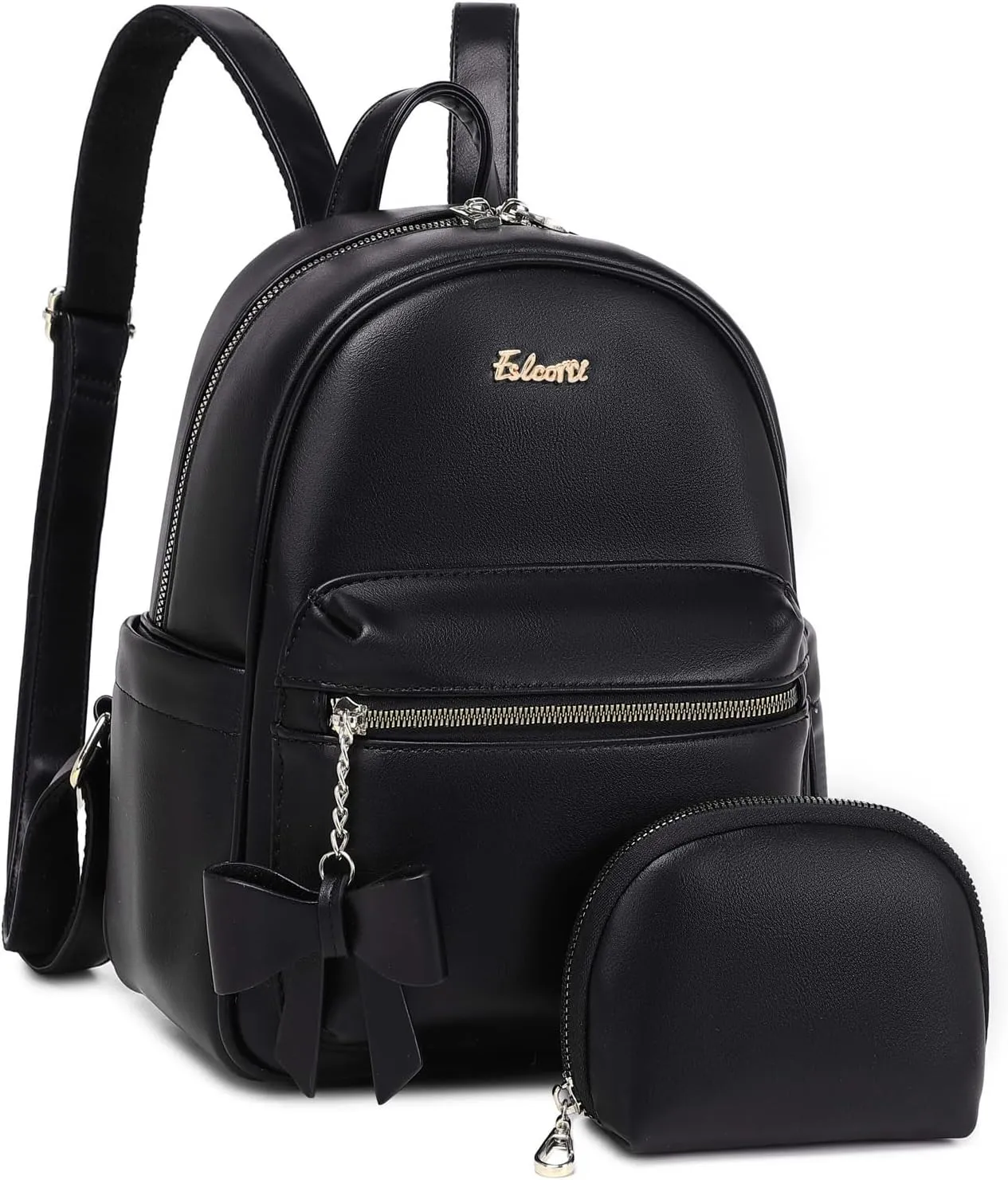 Eslcorri Mini Backpack Purse for Women - Girls Bowknot Fashion Backpack Small Leather Cute Travel Daypacks with Wallet 2-PCS Casual Ladies Convertible Shoulder Handbag - Black