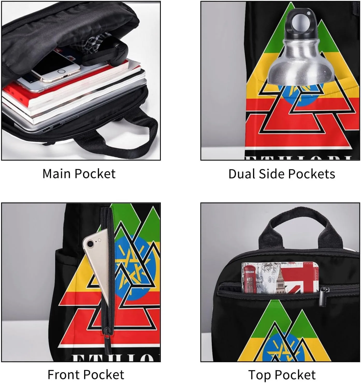 Ethiopia Emblem Travel Backpacks Casual Laptop Backpack Sport Rucksack Large Capacity Daypack Multi-Pockets Adjustable Strap Bag for Working Hiking