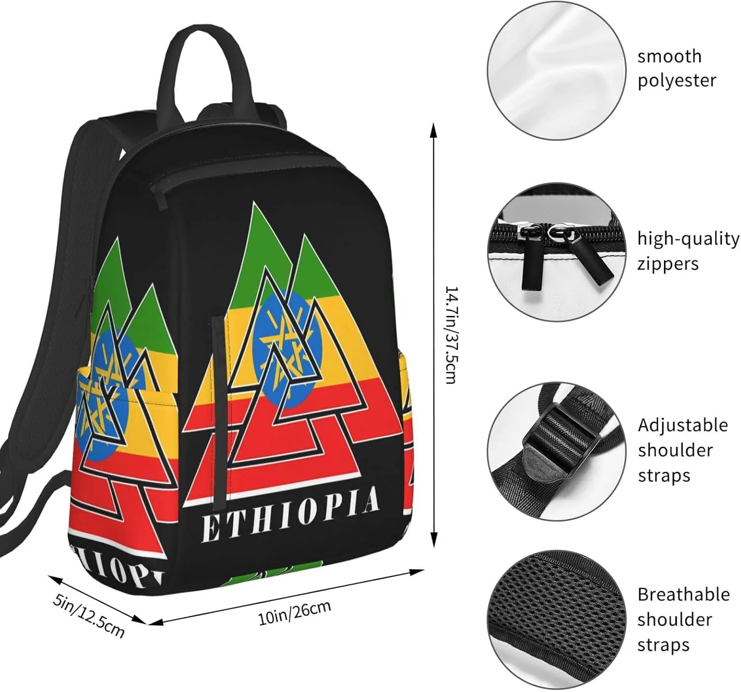 Ethiopia Emblem Travel Backpacks Casual Laptop Backpack Sport Rucksack Large Capacity Daypack Multi-Pockets Adjustable Strap Bag for Working Hiking