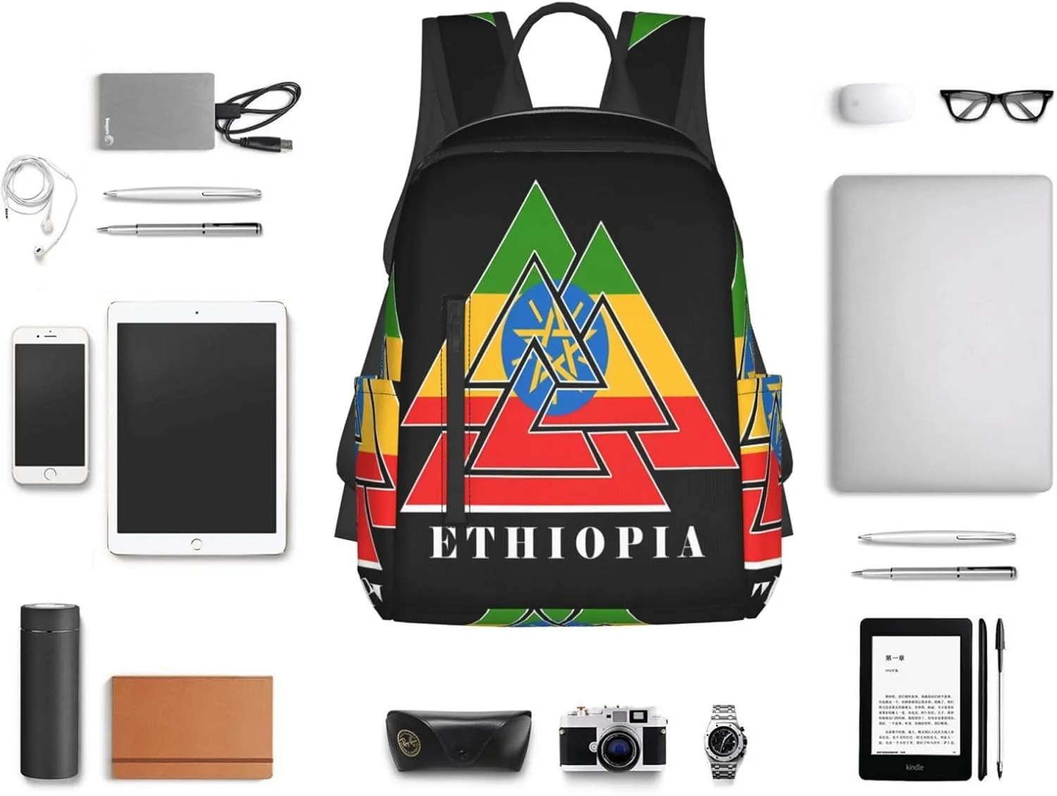 Ethiopia Emblem Travel Backpacks Casual Laptop Backpack Sport Rucksack Large Capacity Daypack Multi-Pockets Adjustable Strap Bag for Working Hiking