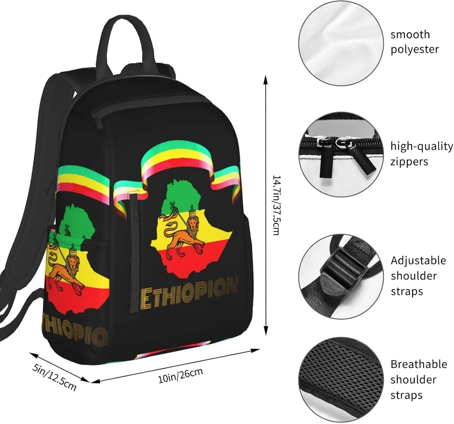 Ethiopian Flag Lion Travel Backpacks Casual Laptop Backpack Sport Rucksack Large Capacity Daypack Multi-Pockets Adjustable Strap Bag for Working Hiking