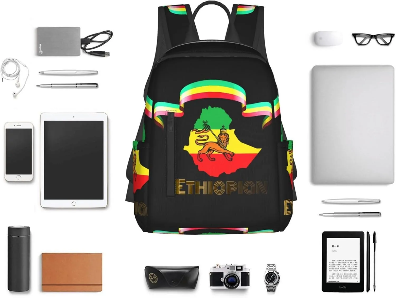 Ethiopian Flag Lion Travel Backpacks Casual Laptop Backpack Sport Rucksack Large Capacity Daypack Multi-Pockets Adjustable Strap Bag for Working Hiking