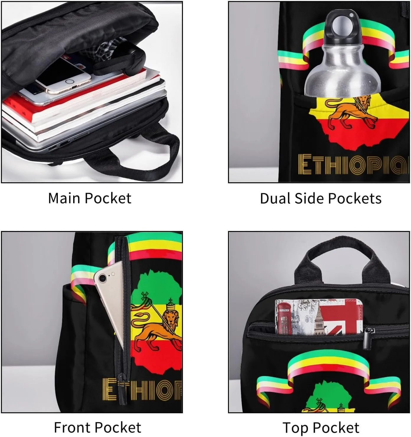 Ethiopian Flag Lion Travel Backpacks Casual Laptop Backpack Sport Rucksack Large Capacity Daypack Multi-Pockets Adjustable Strap Bag for Working Hiking