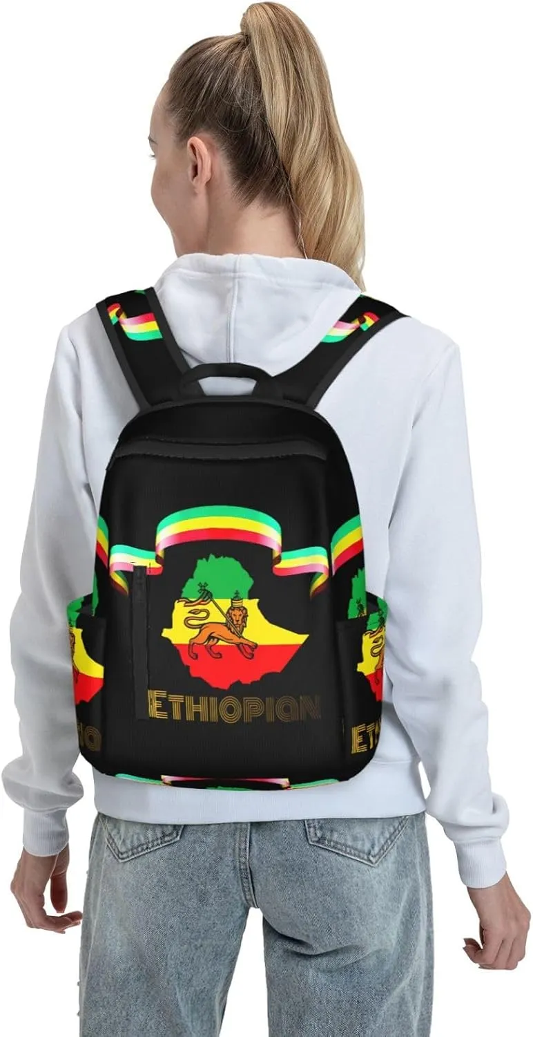 Ethiopian Flag Lion Travel Backpacks Casual Laptop Backpack Sport Rucksack Large Capacity Daypack Multi-Pockets Adjustable Strap Bag for Working Hiking