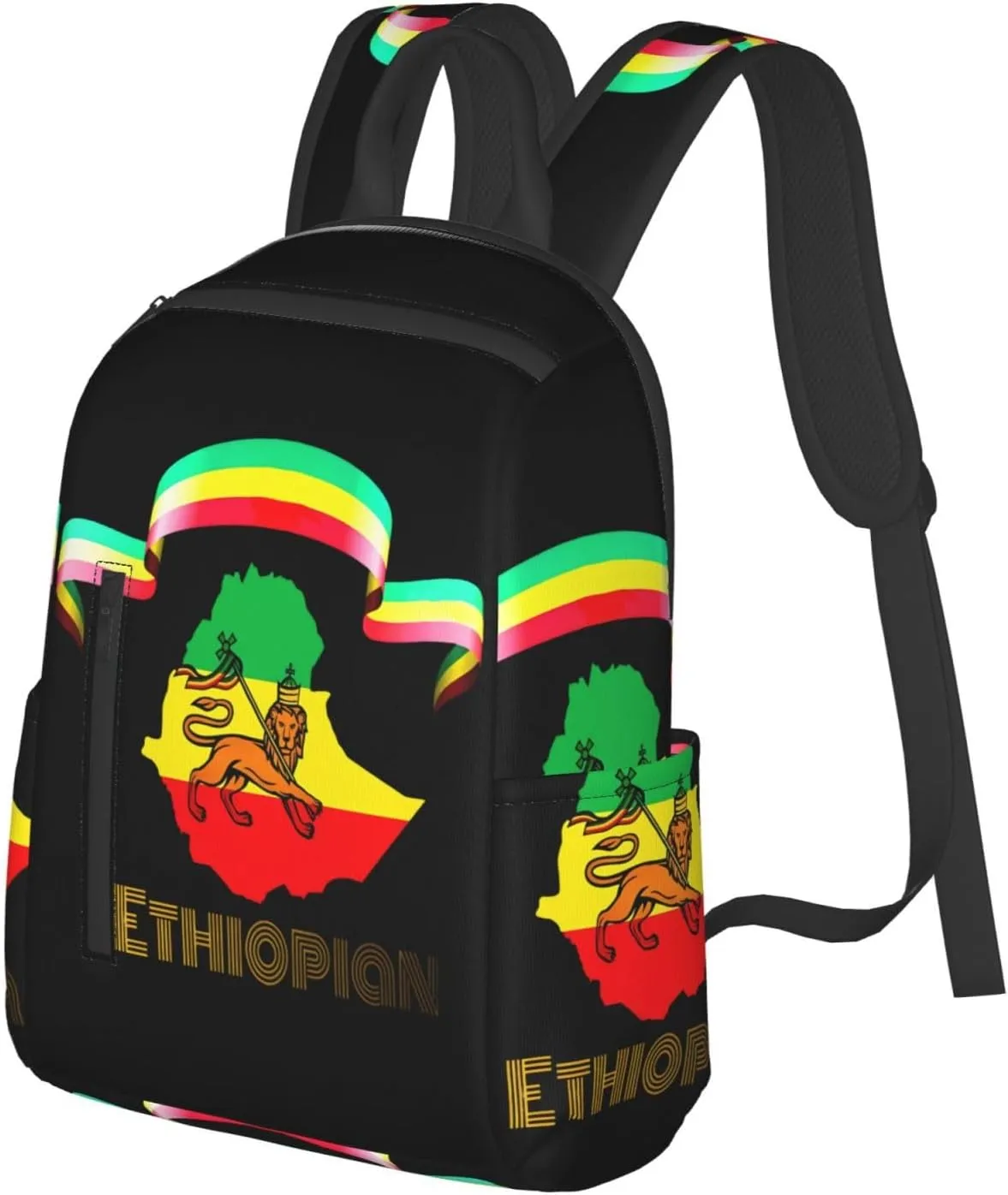 Ethiopian Flag Lion Travel Backpacks Casual Laptop Backpack Sport Rucksack Large Capacity Daypack Multi-Pockets Adjustable Strap Bag for Working Hiking