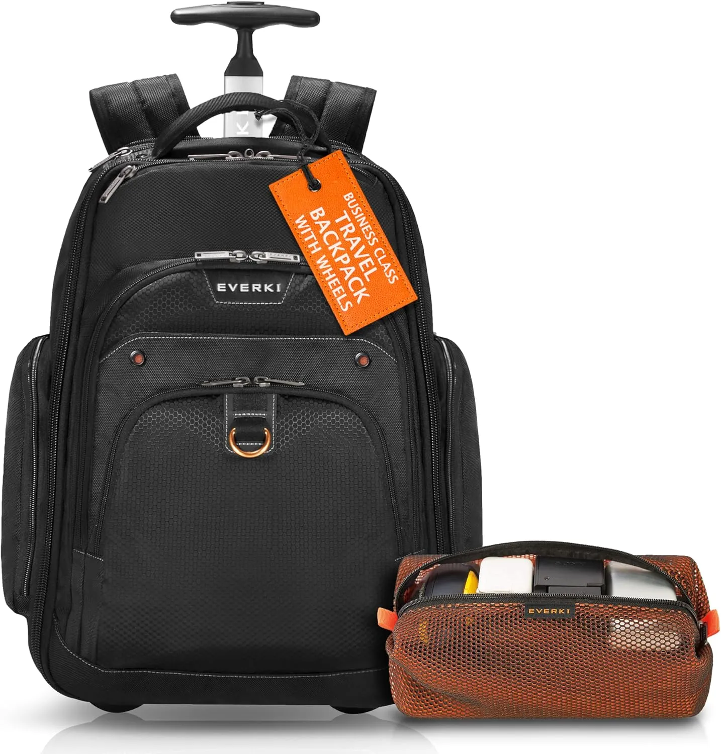 Everki Atlas Wheeled Laptop Backpack (EKP122) with Orange Accessory Pouch - Rolling Backpack with 13"-17.3" Compartment, 30L Capacity - Wheeled Travel Backpack & Accessory Pouch Bundle