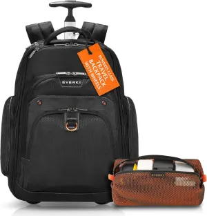 Everki Atlas Wheeled Laptop Backpack (EKP122) with Orange Accessory Pouch - Rolling Backpack with 13"-17.3" Compartment, 30L Capacity - Wheeled Travel Backpack & Accessory Pouch Bundle