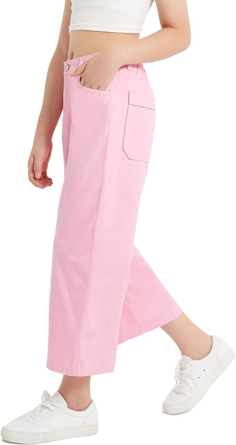 EXARUS Girls Jeans Wide Leg Cute Baggy Teen Denim Pants Mid Rise Elastic Band with Pockets Casual