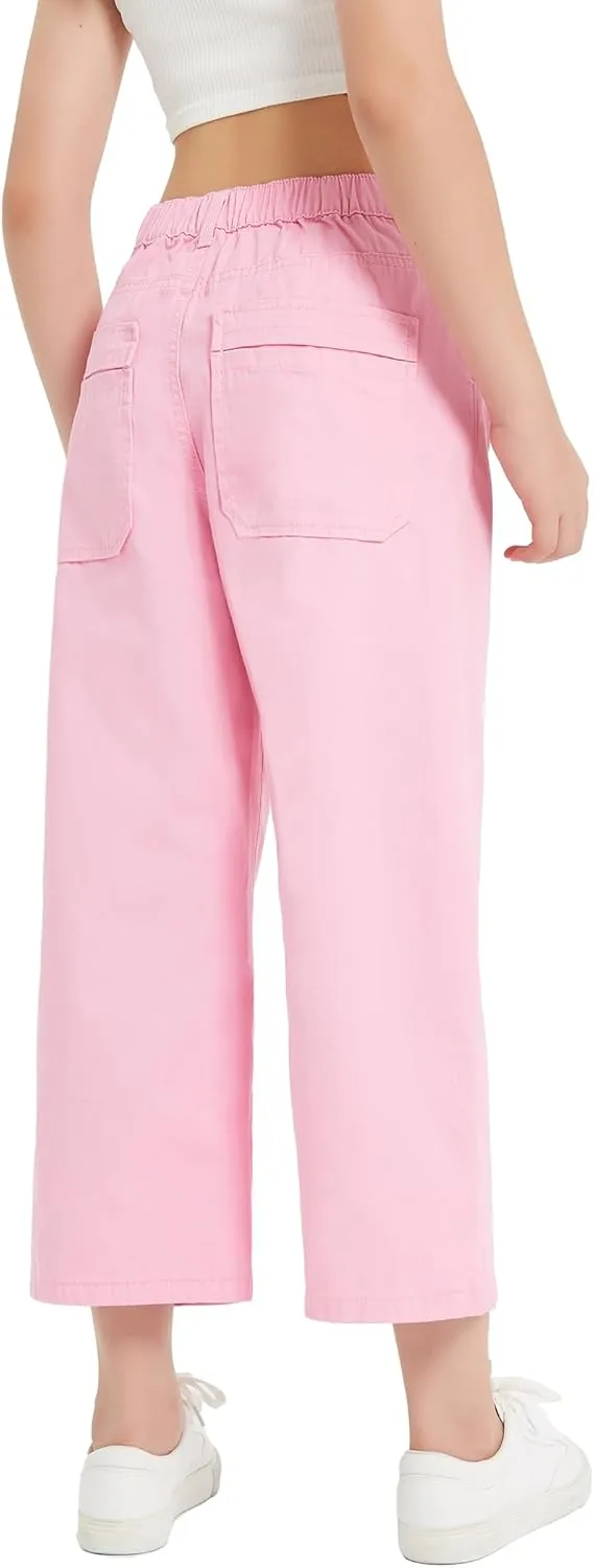 EXARUS Girls Jeans Wide Leg Cute Baggy Teen Denim Pants Mid Rise Elastic Band with Pockets Casual