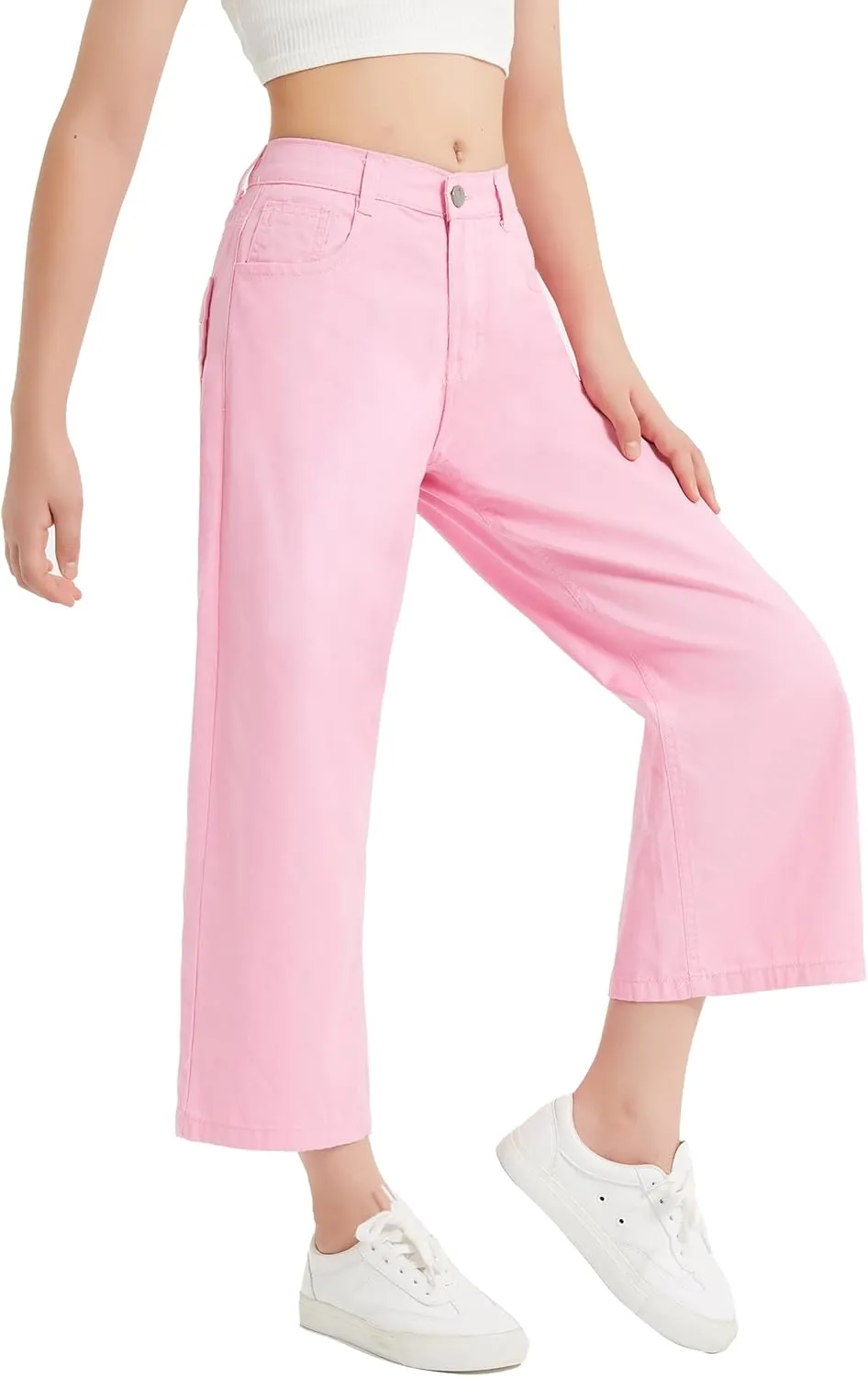 EXARUS Girls Jeans Wide Leg Cute Baggy Teen Denim Pants Mid Rise Elastic Band with Pockets Casual