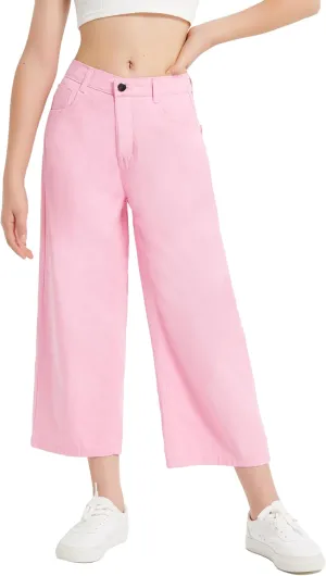 EXARUS Girls Jeans Wide Leg Cute Baggy Teen Denim Pants Mid Rise Elastic Band with Pockets Casual