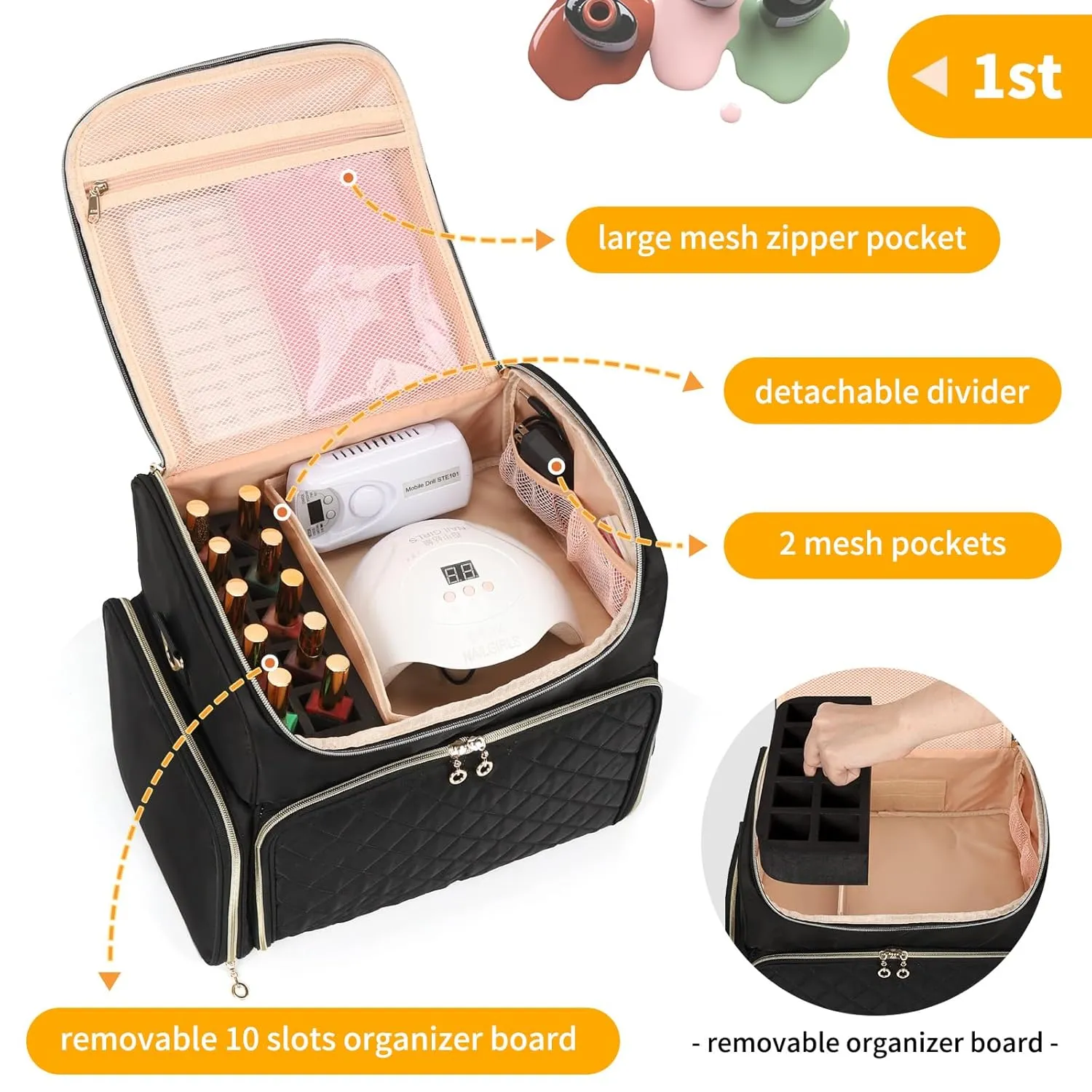 Extra Large Nail Polish Organizer Case Holds 86 to 100  Bottles Organizer & Nail Lamp, Supply Storage Carrying Bag with 2 Removeable Pouches, Portable Nail Tech Travel Box (Black, 86 Slots)