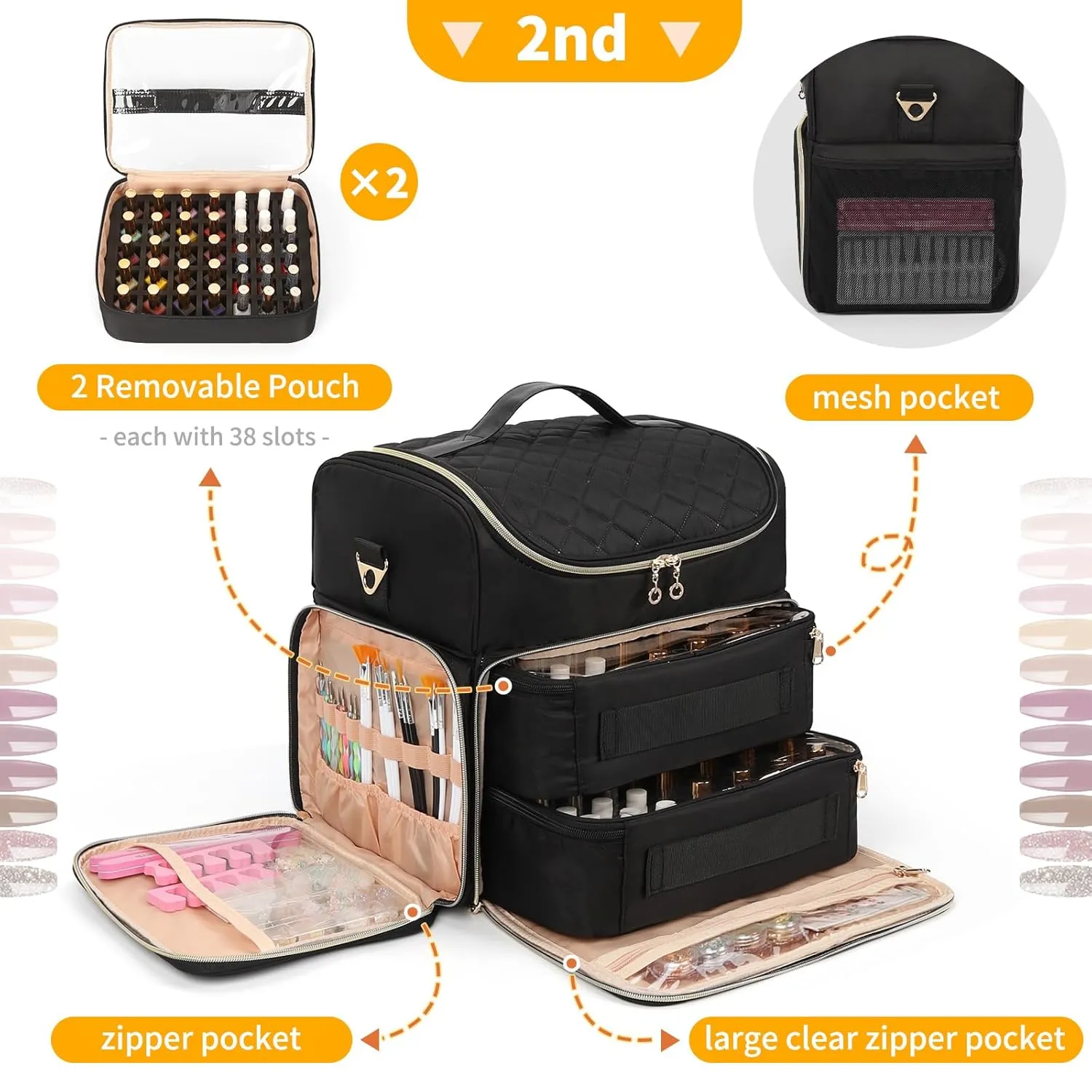 Extra Large Nail Polish Organizer Case Holds 86 to 100  Bottles Organizer & Nail Lamp, Supply Storage Carrying Bag with 2 Removeable Pouches, Portable Nail Tech Travel Box (Black, 86 Slots)