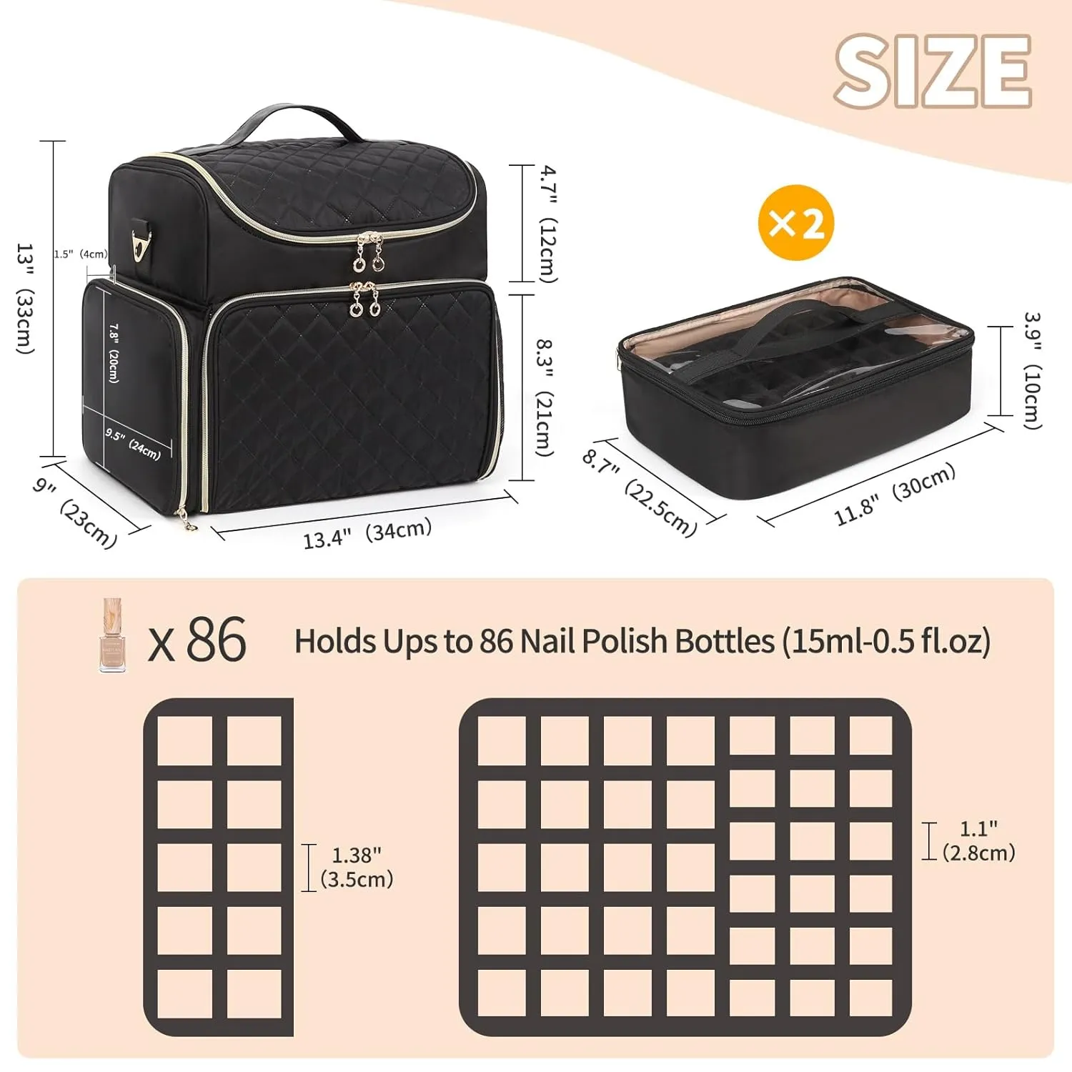 Extra Large Nail Polish Organizer Case Holds 86 to 100  Bottles Organizer & Nail Lamp, Supply Storage Carrying Bag with 2 Removeable Pouches, Portable Nail Tech Travel Box (Black, 86 Slots)