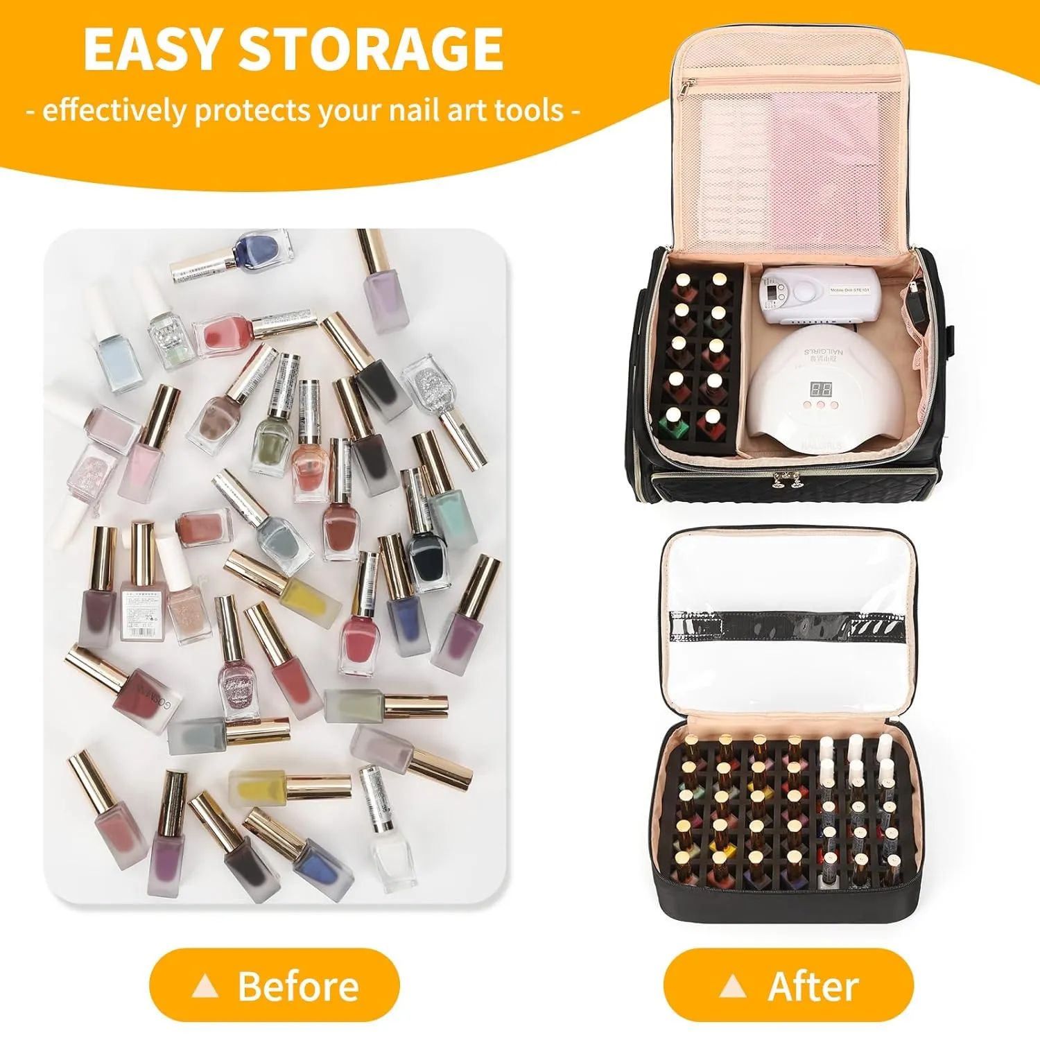 Extra Large Nail Polish Organizer Case Holds 86 to 100  Bottles Organizer & Nail Lamp, Supply Storage Carrying Bag with 2 Removeable Pouches, Portable Nail Tech Travel Box (Black, 86 Slots)