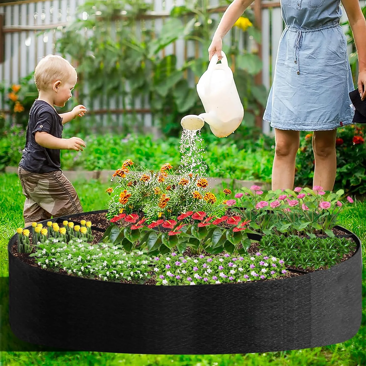 Fabric Raised Garden Bed, Plant Grow Bags, 3x3x1 Ft Large Round Raised Garden Bed for Growing Vegetables Potatoes Flowers Planting Container for Outdoor Gardening (5 Grid, 3.3 * 3.3 * 1 ft)