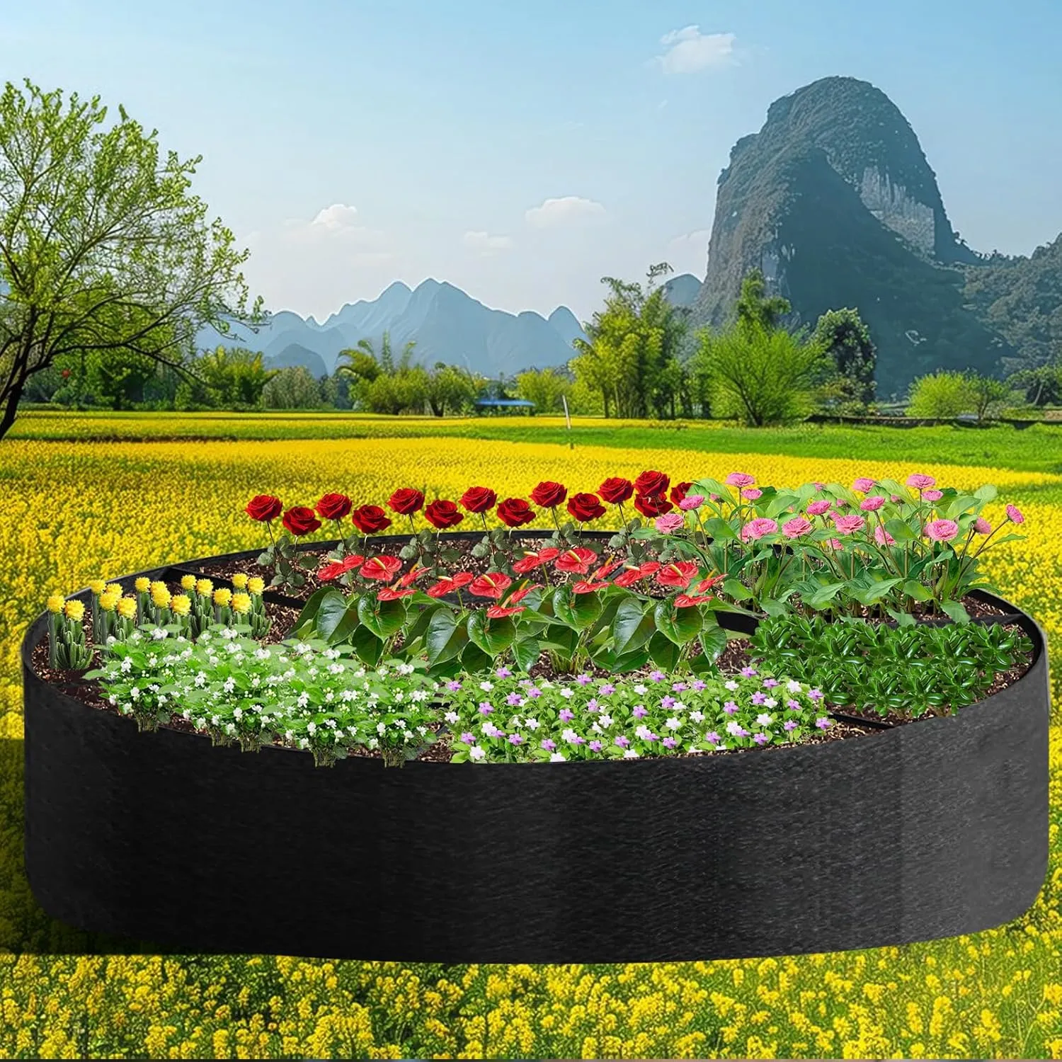 Fabric Raised Garden Bed, Plant Grow Bags, 3x3x1 Ft Large Round Raised Garden Bed for Growing Vegetables Potatoes Flowers Planting Container for Outdoor Gardening (5 Grid, 3.3 * 3.3 * 1 ft)
