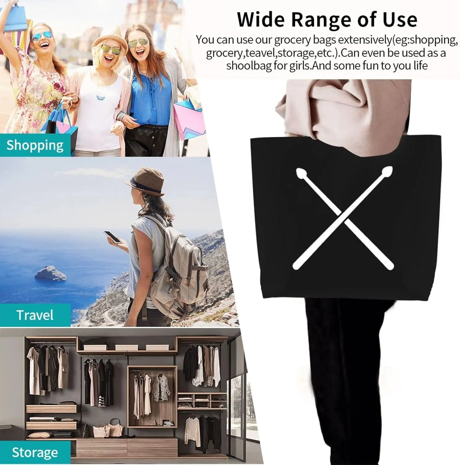 Fading Percussion Drum Sticks Women'S Lightweight Canvas Handbag Reusable Shopping Bag