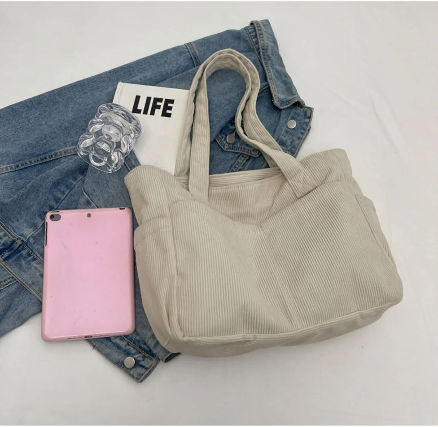 Fall Winter Corduroy Tote Bag Large Capacity Handbag with Multiple Pockets Fashion Shoulder Bag for Women