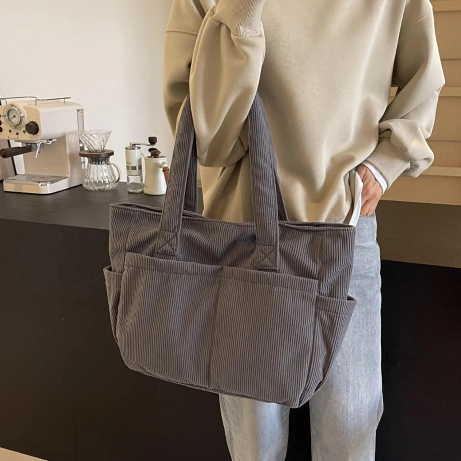 Fall Winter Corduroy Tote Bag Large Capacity Handbag with Multiple Pockets Fashion Shoulder Bag for Women