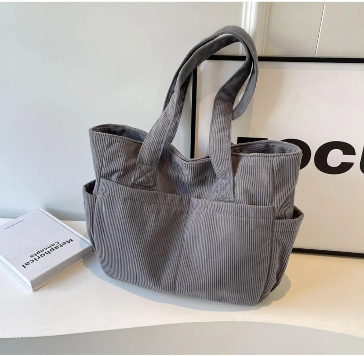 Fall Winter Corduroy Tote Bag Large Capacity Handbag with Multiple Pockets Fashion Shoulder Bag for Women