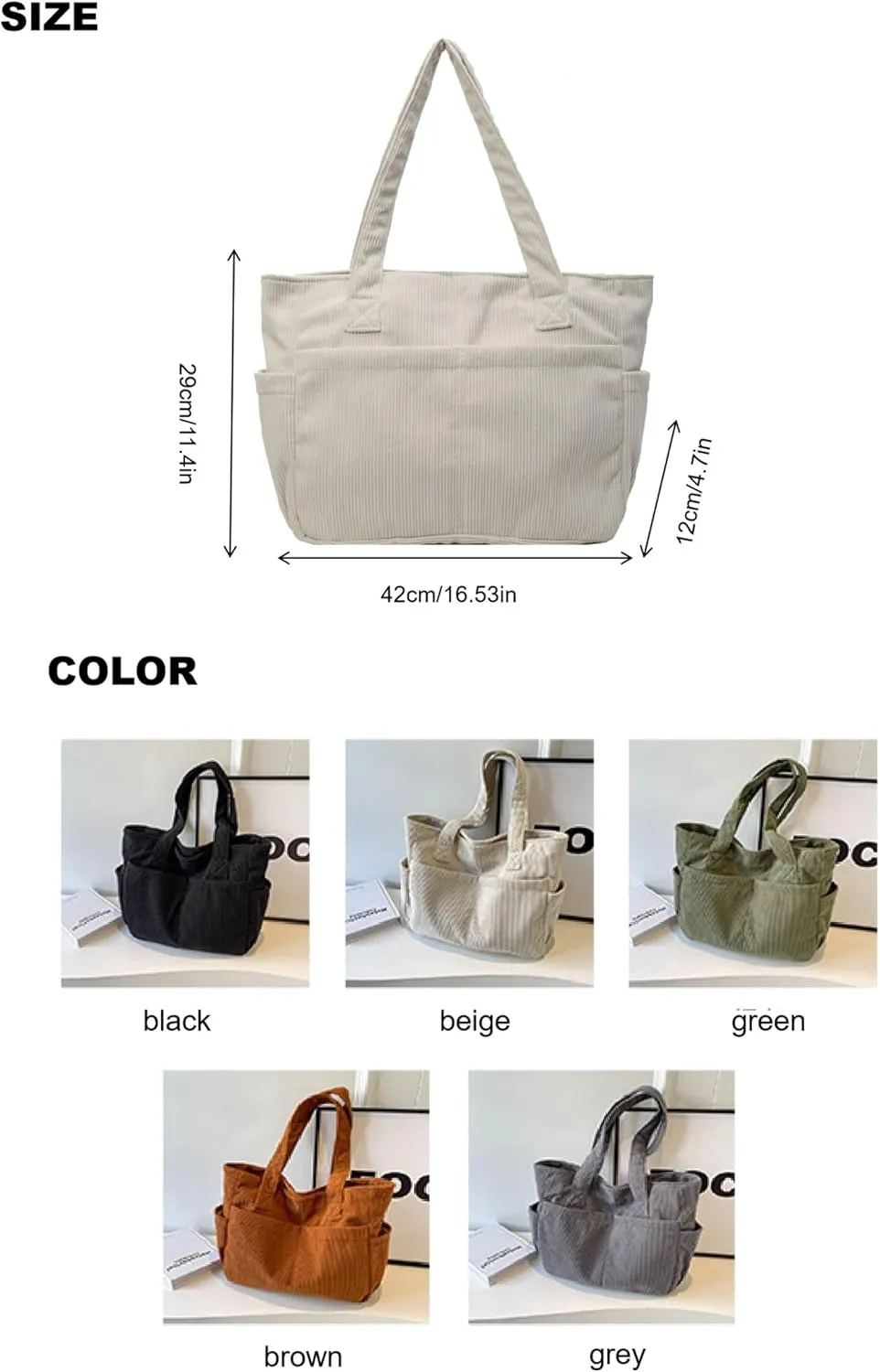 Fall Winter Corduroy Tote Bag Large Capacity Handbag with Multiple Pockets Fashion Shoulder Bag for Women