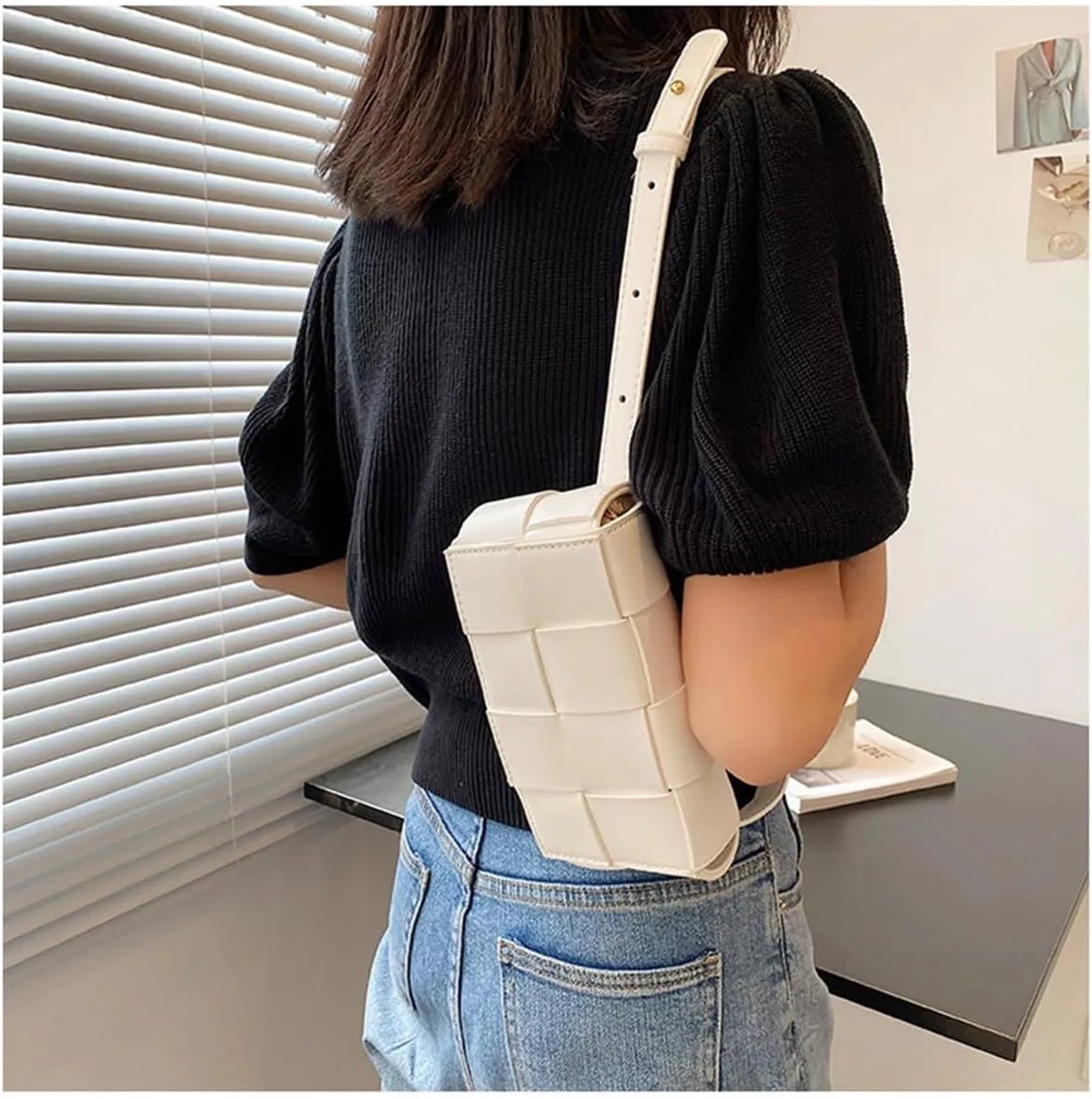 Fanny Pack with Convertible Crossbody Shoulder Bag for Women, Woven Cassette-Style Handbag Purse with Adjustable Belt (Beige)