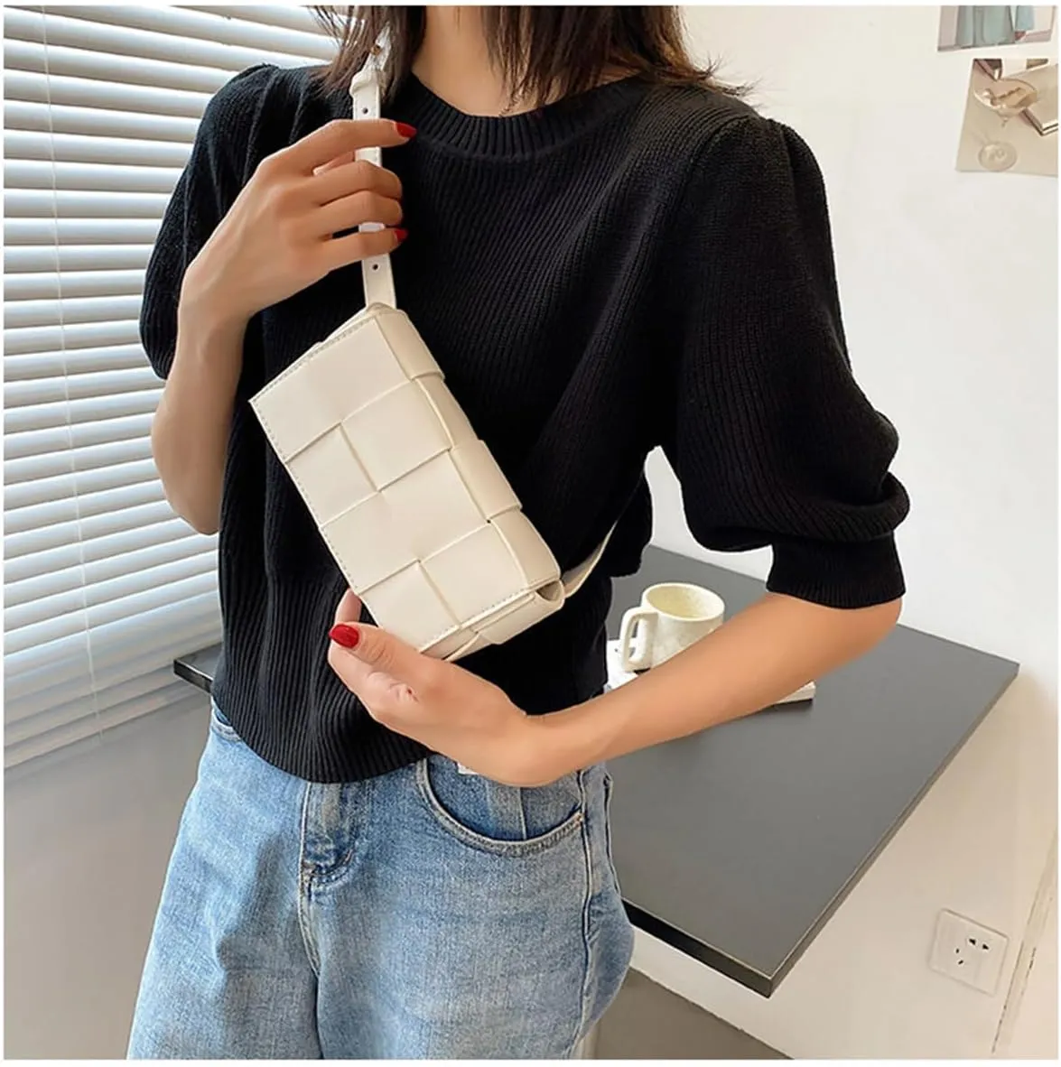 Fanny Pack with Convertible Crossbody Shoulder Bag for Women, Woven Cassette-Style Handbag Purse with Adjustable Belt (Beige)