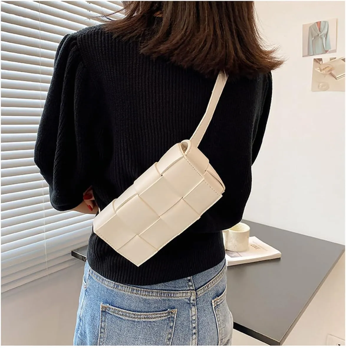 Fanny Pack with Convertible Crossbody Shoulder Bag for Women, Woven Cassette-Style Handbag Purse with Adjustable Belt (Beige)