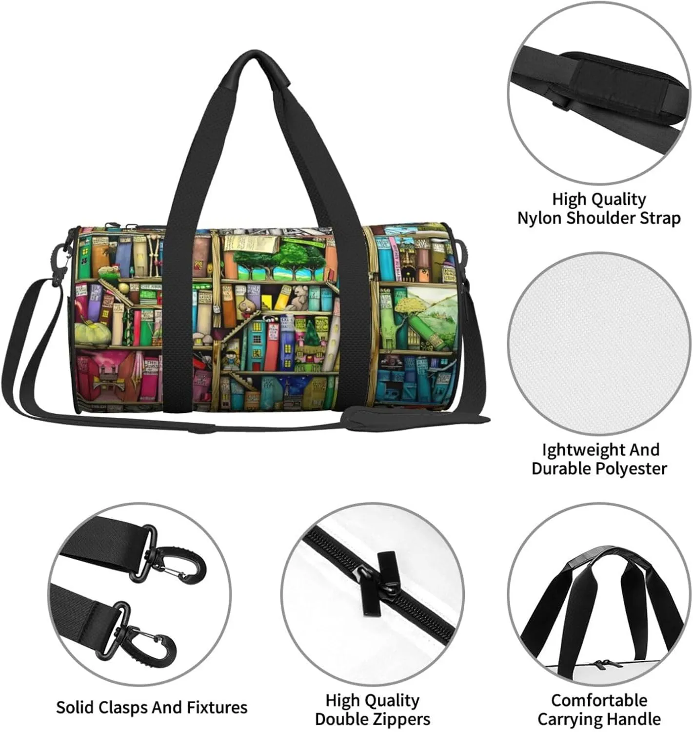 Fantasy Book Shelf Round Travel Duffel Bag Large Capacity Gym Sports Bags for Hiking Vacation Trips