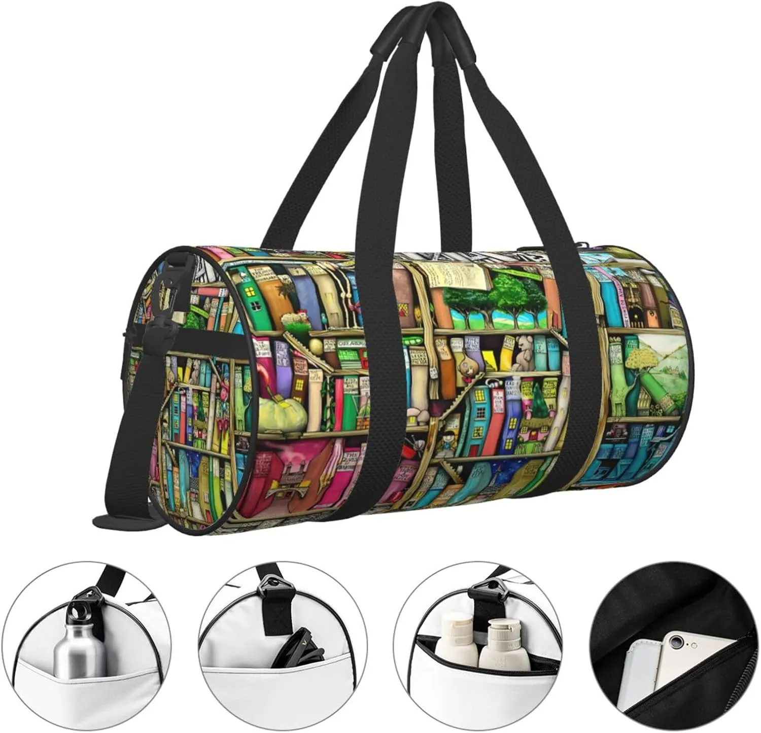 Fantasy Book Shelf Round Travel Duffel Bag Large Capacity Gym Sports Bags for Hiking Vacation Trips