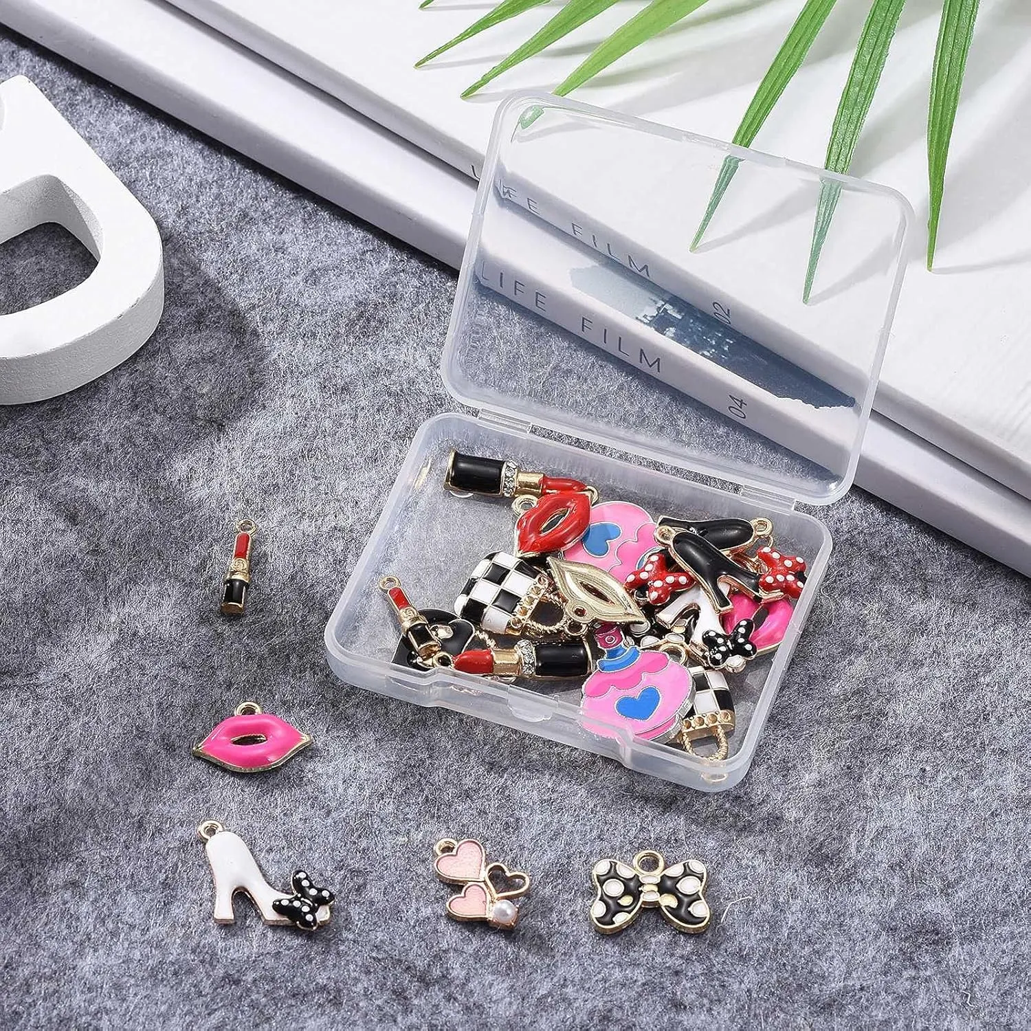 FASHEWELRY 22Pcs Alloy Women Makeup Enamel Charms Assorted Lipstick High Heels Bow Handbag Charms Gold Plated for Jewelry Making