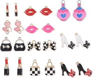 FASHEWELRY 22Pcs Alloy Women Makeup Enamel Charms Assorted Lipstick High Heels Bow Handbag Charms Gold Plated for Jewelry Making
