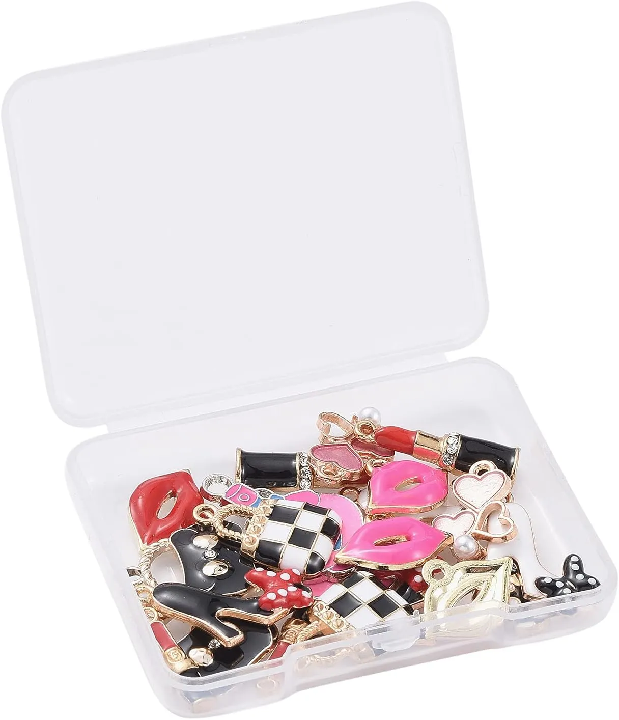 FASHEWELRY 22Pcs Alloy Women Makeup Enamel Charms Assorted Lipstick High Heels Bow Handbag Charms Gold Plated for Jewelry Making