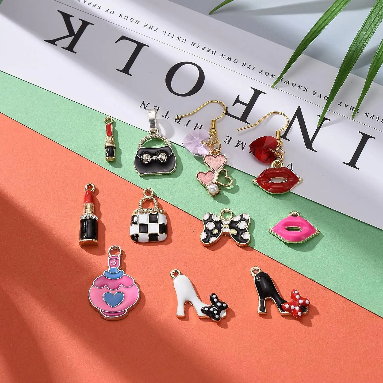 FASHEWELRY 22Pcs Alloy Women Makeup Enamel Charms Assorted Lipstick High Heels Bow Handbag Charms Gold Plated for Jewelry Making