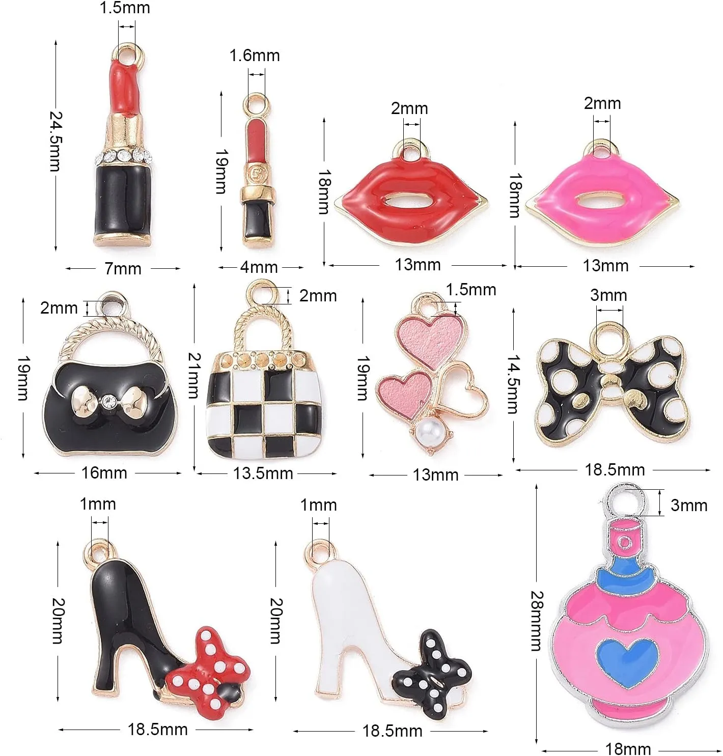 FASHEWELRY 22Pcs Alloy Women Makeup Enamel Charms Assorted Lipstick High Heels Bow Handbag Charms Gold Plated for Jewelry Making