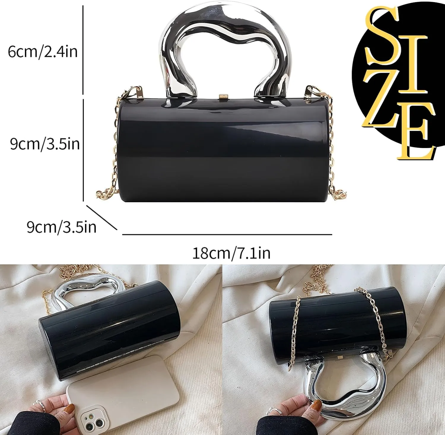 Fashion acrylic handbag, acrylic Y2K purse;black/silver/gold clutch purse for women