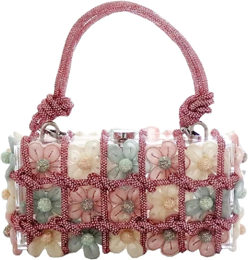 Fashion Women Clear Purse Acrylic Box Clutch Handbag, Small Weave Diamonds Crossbody Evening Bag,Metal Chain Floral Design